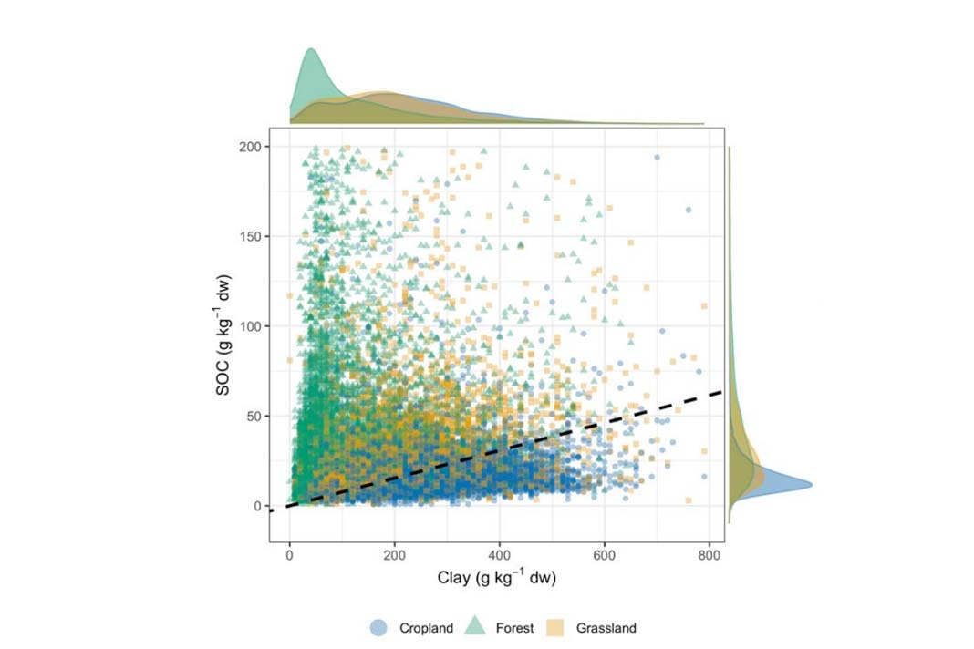 Distribution of the soil organic carbon (SOC) and clay content for different land covers (cropland, forest, and grassland).